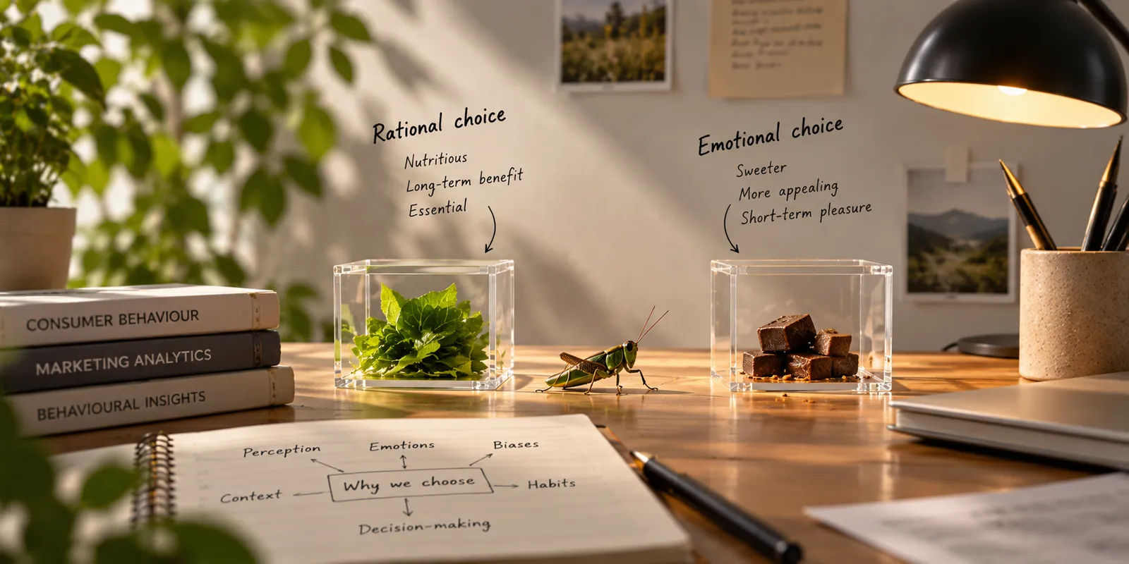 Concept visual of a grasshopper between a rational choice of leaves and an emotional choice of chocolate on a desk with consumer behaviour books