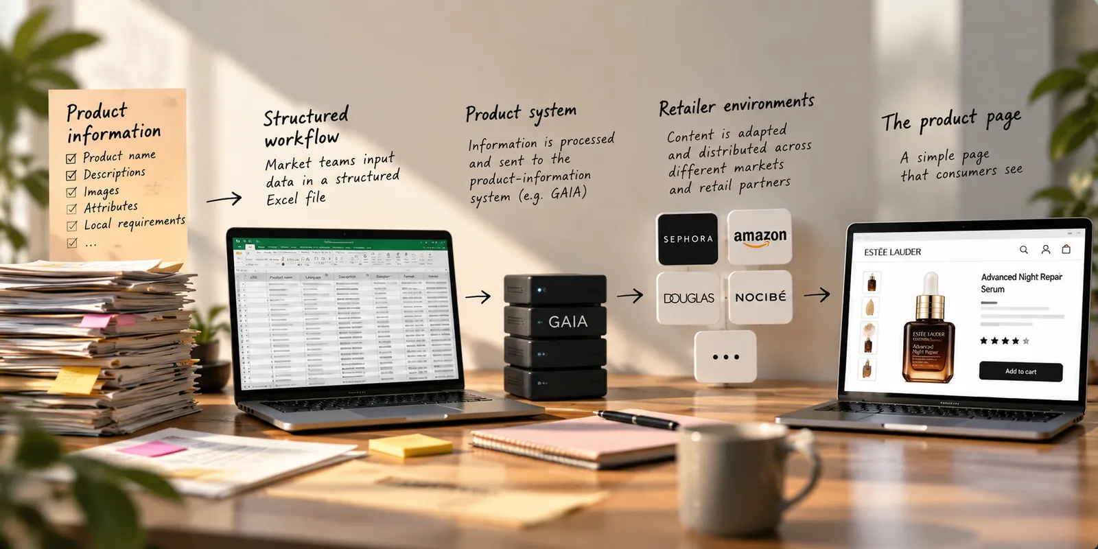 Concept visual of a product-information workflow from structured spreadsheet to product system, retailer environments and a final product page