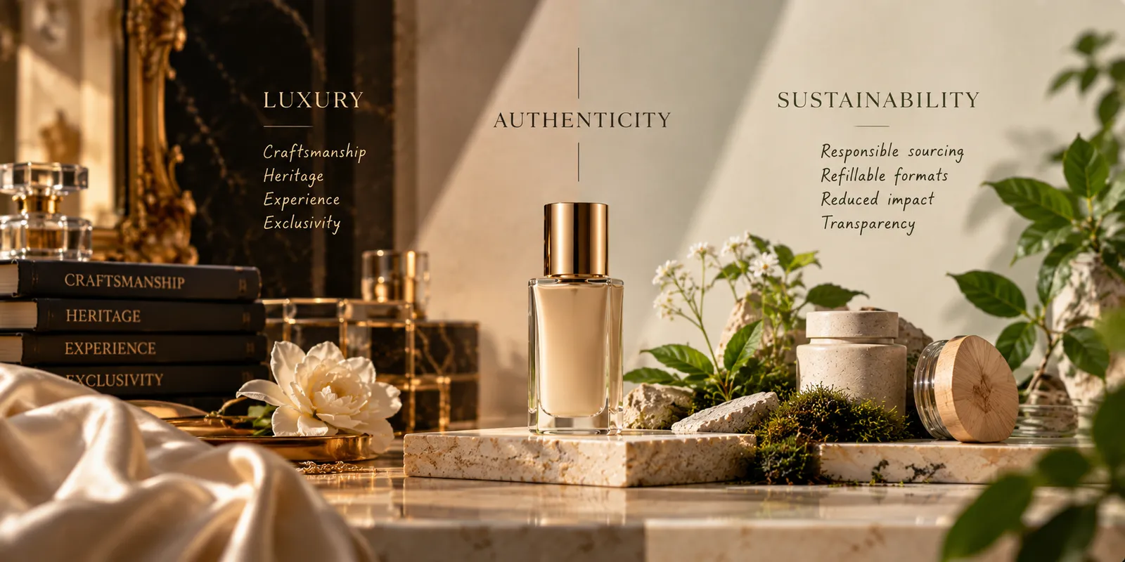 Concept visual contrasting luxury and sustainability cues around a single beauty bottle labelled authenticity
