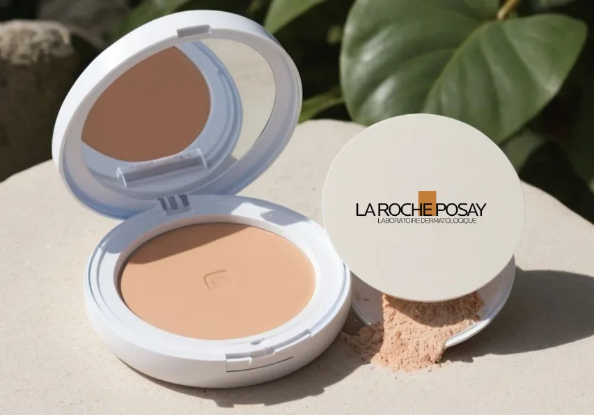 La Roche-Posay SunDust powder sunscreen compact, open beside its closed lid on a sunlit stone