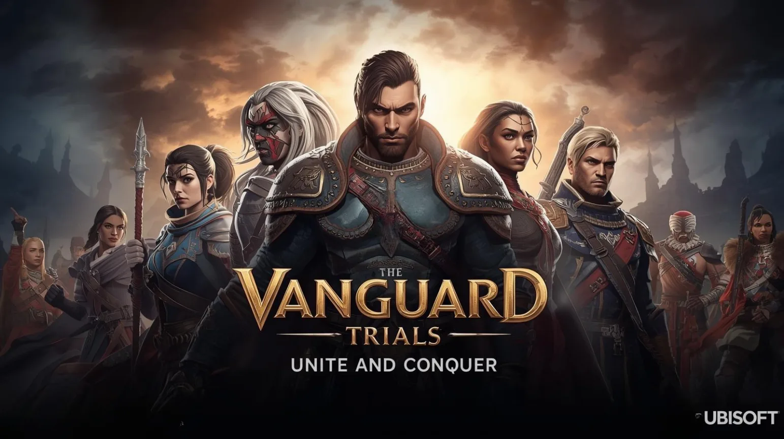 Concept key art for Vanguard Trials: a group of armoured heroes under a dramatic sky with the tagline Unite and Conquer
